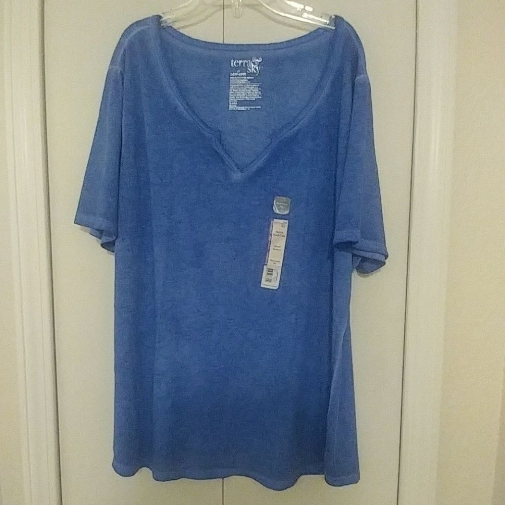 Terra‎ & Sky Notched Neck Solid Blue 1X Tee